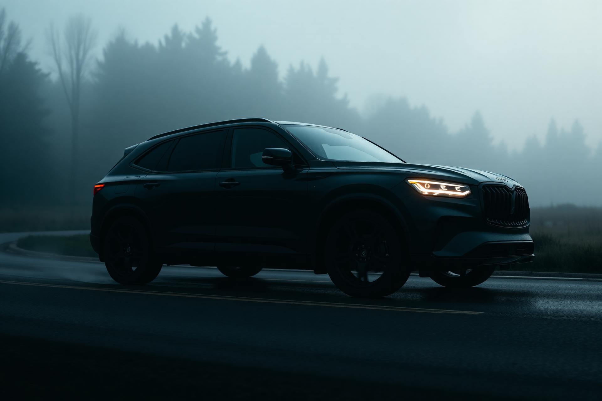 SUV premium em estrada ao entardecer